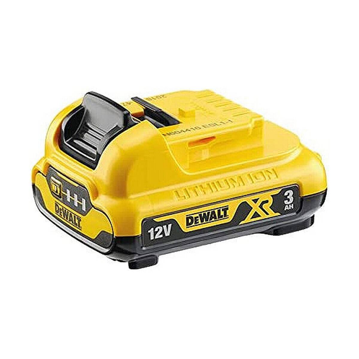 DEWALT 12V 3Ah Lithium-Ionen-Akkupack, robustes gelb-schwarzes Design, geeignet zum Betrieb kompatibler Werkzeuge.