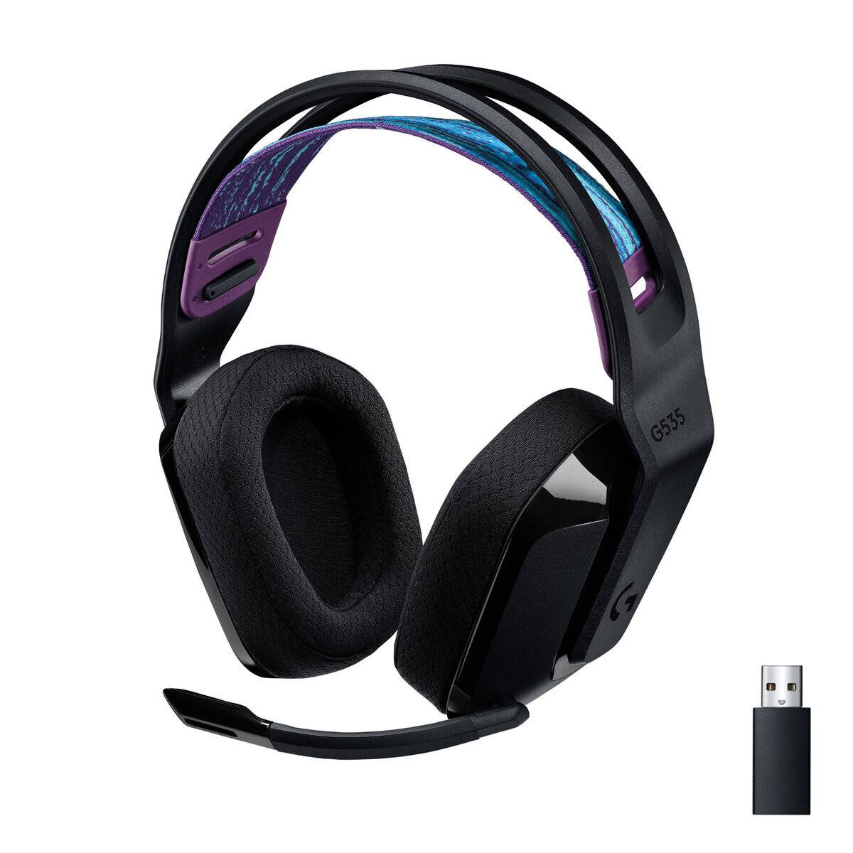 Drahtloses Gaming-Headset mit Mikrofon, schwarz mit lila und blauen Akzenten, gezeigt mit USB-Wireless-Adapter.