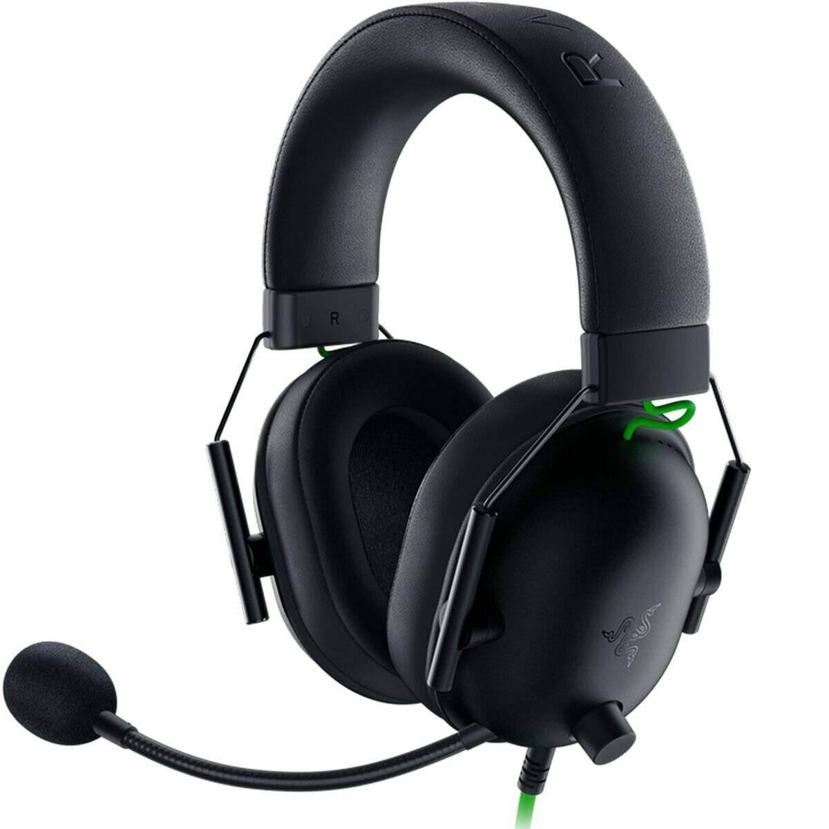 Schwarzer Gaming-Headset mit angebrachtem Mikrofon, mit grünen Akzenten und einer gepolsterten Kopfbandung für Komfort.