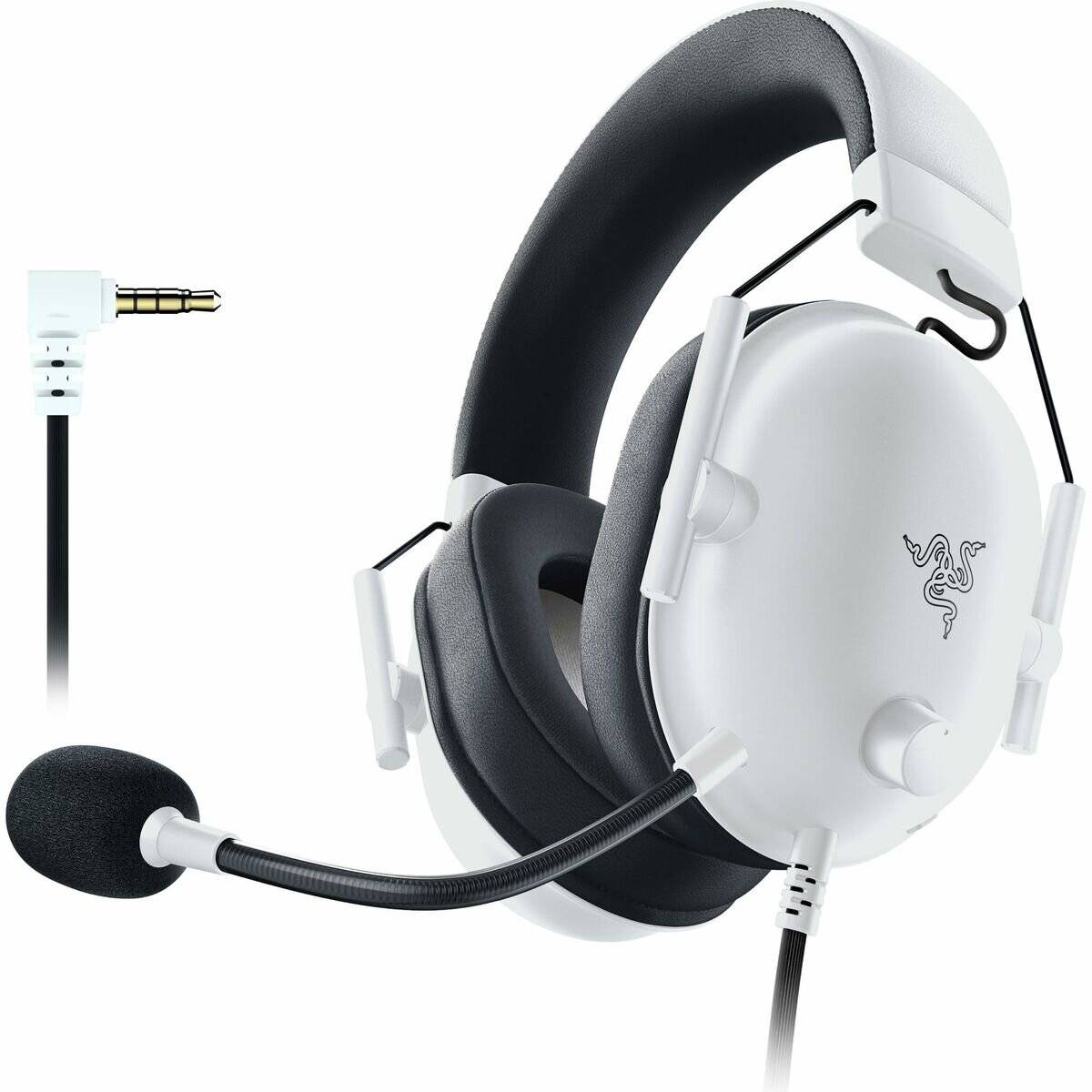Weißer und schwarzer Gaming-Headset mit Mikrofon, der einen dicken gepolsterten Bügel, runde Ohrmuscheln und einen 3,5-mm-Audioanschluss zeigt.
