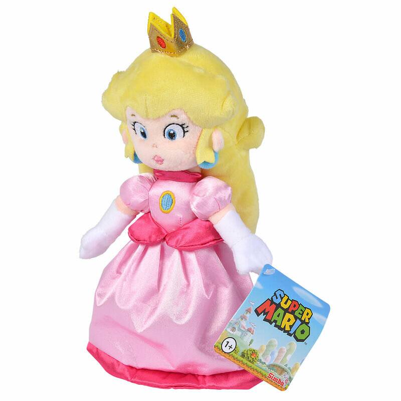Eine Plüschfigur, die eine Figur in einem rosa Kleid und Krone trägt und ein 'Super Mario' Etikett hält. Geeignet für Kinder ab 7 Jahren.