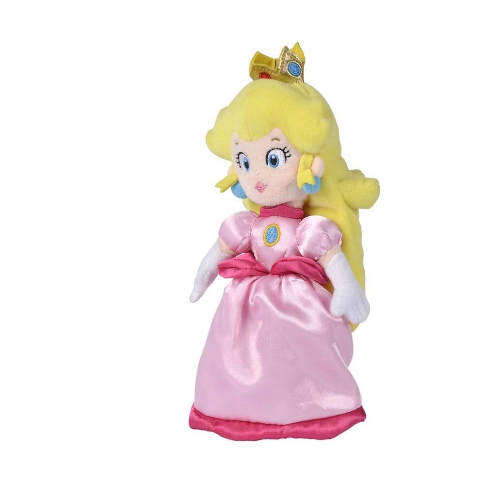 Eine Plüschpuppe einer Prinzessin mit blonden Haaren, einer Krone, blauen Ohrringen und einem rosa Kleid steht aufrecht.