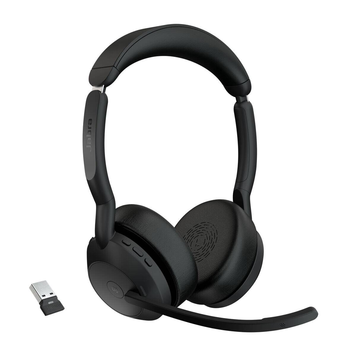 Drahtloses Over-Ear-Headset mit abnehmbarem Mikrofon, zusammen mit seinem USB-Empfänger dargestellt.