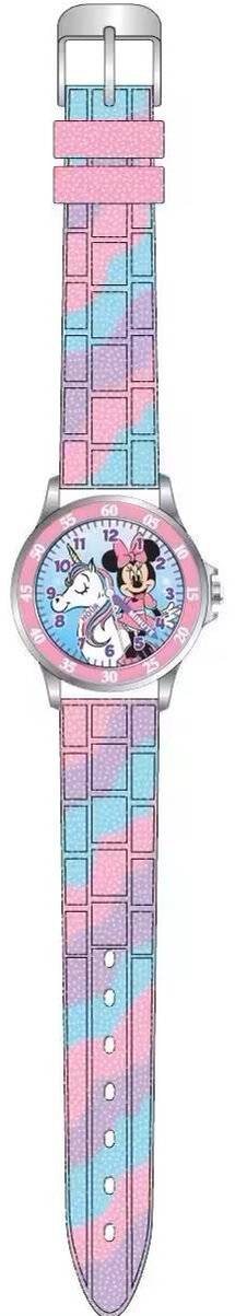 Kinderarmbanduhr mit einer Cartoon-Maus und einem Einhorn. Die Uhr hat ein rosa und pastellfarbenes Farbschema mit einem glitzernden Armband.