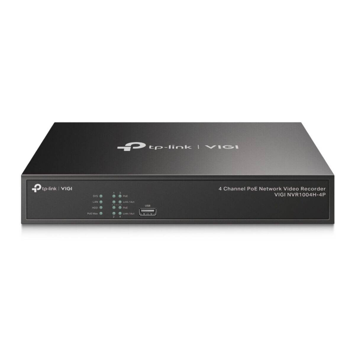 TP-Link VIGI NVR1004H-4P, ein 4-Kanal-PoE-Netzwerk-Videorekorder, von vorne präsentiert und seine Anschlüsse und Statusanzeigen zeigend.