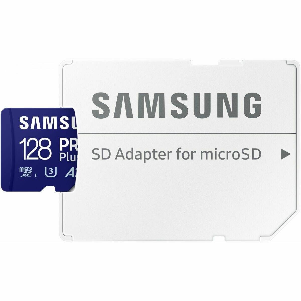 Samsung 128 GB PRO Plus microSD-Karte mit SD-Adapter. Blaue Karte mit weißem Text, geeignet für High-Performance-Speicheranforderungen.