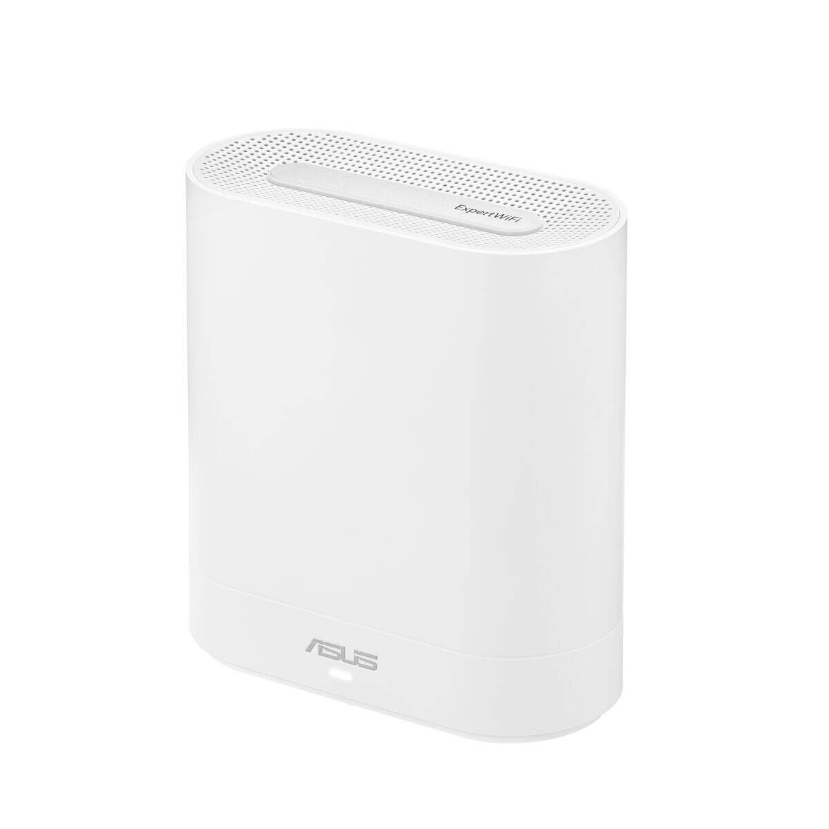 Ein weißer ASUS-WLAN-Router mit rechteckigem Design und belüfteter Oberseite, ausgestattet mit einem kleinen Statuslicht-Indikator und dezenter Markenbeschriftung auf der Vorderseite.