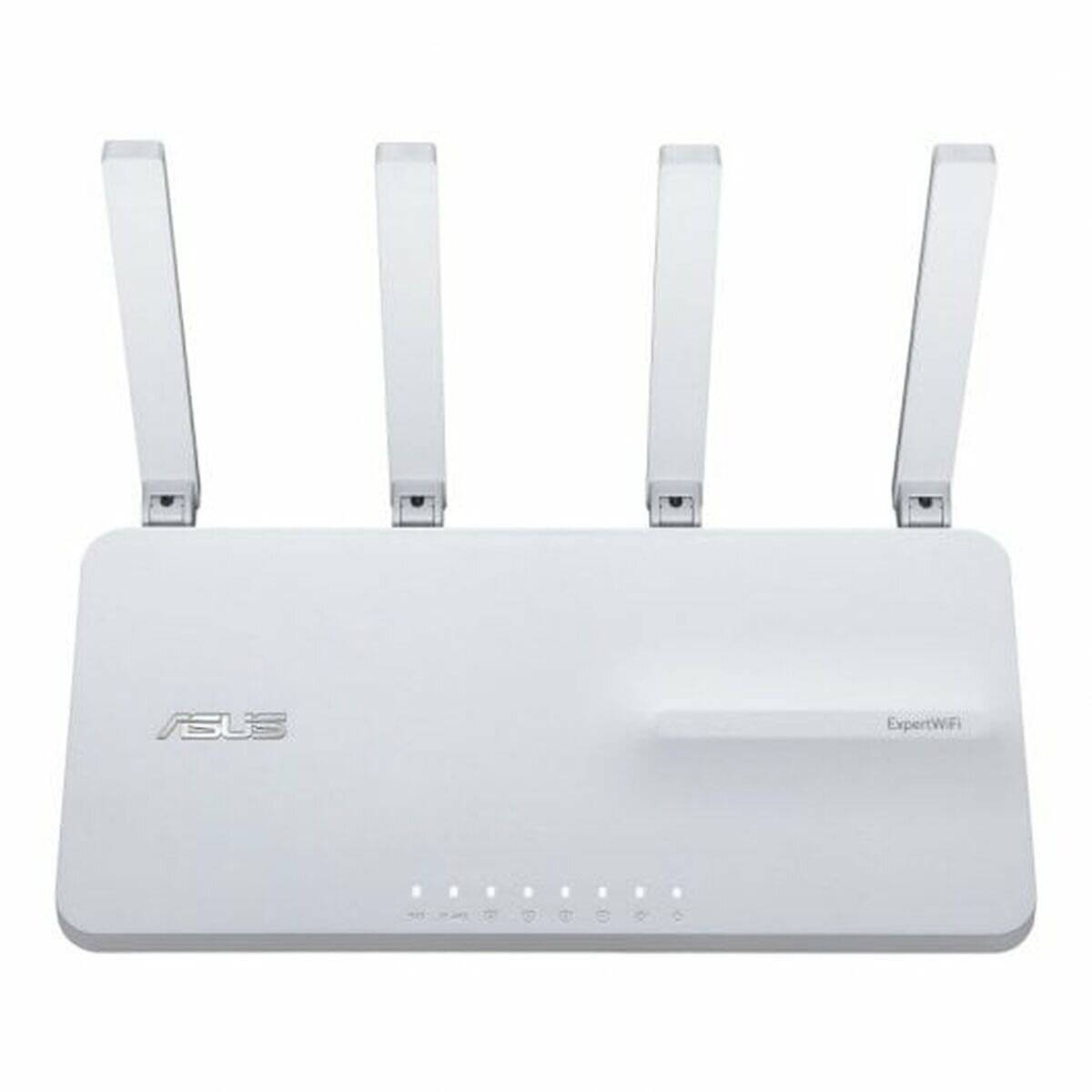 Weißer Asus-WLAN-Router mit vier Antennen, mit der Aufschrift 'ExpertWiFi' und sichtbarem Logo. LED-Indikatoren zeigen Konnektivität und Status an.
