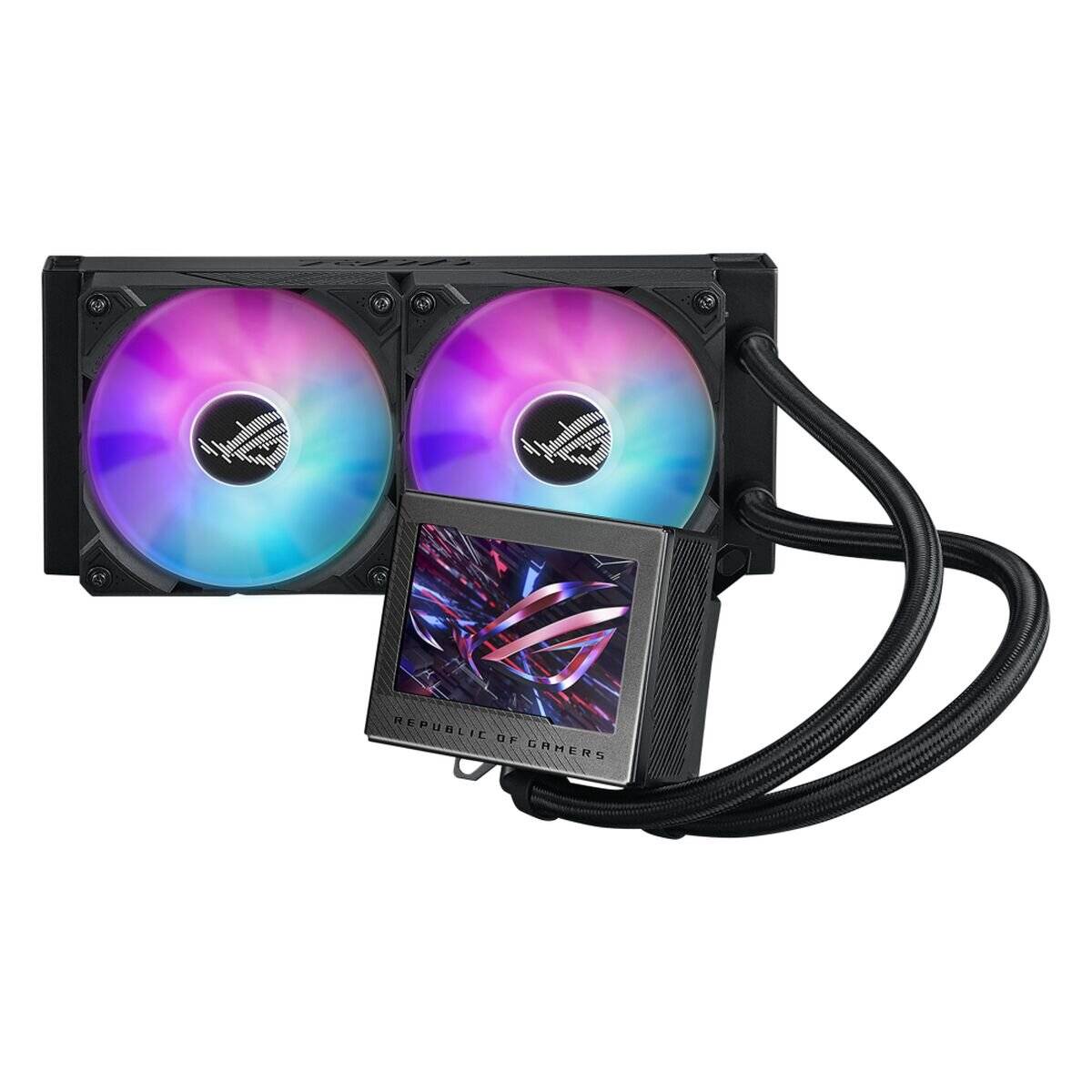 Ein Computer-Flüssigkühlsystem mit zwei RGB-Lüftern und einem kleinen Displaybildschirm, der das Logo 