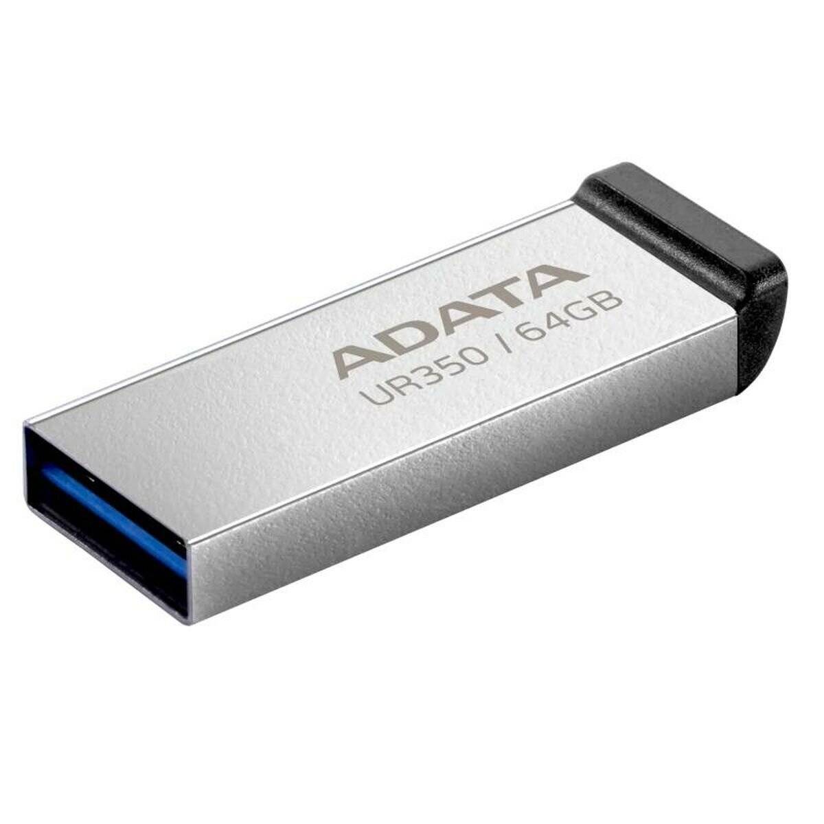 Ein silberner ADATA USB-Stick mit blauem Anschluss, beschriftet mit 'UR350 | 64GB'.