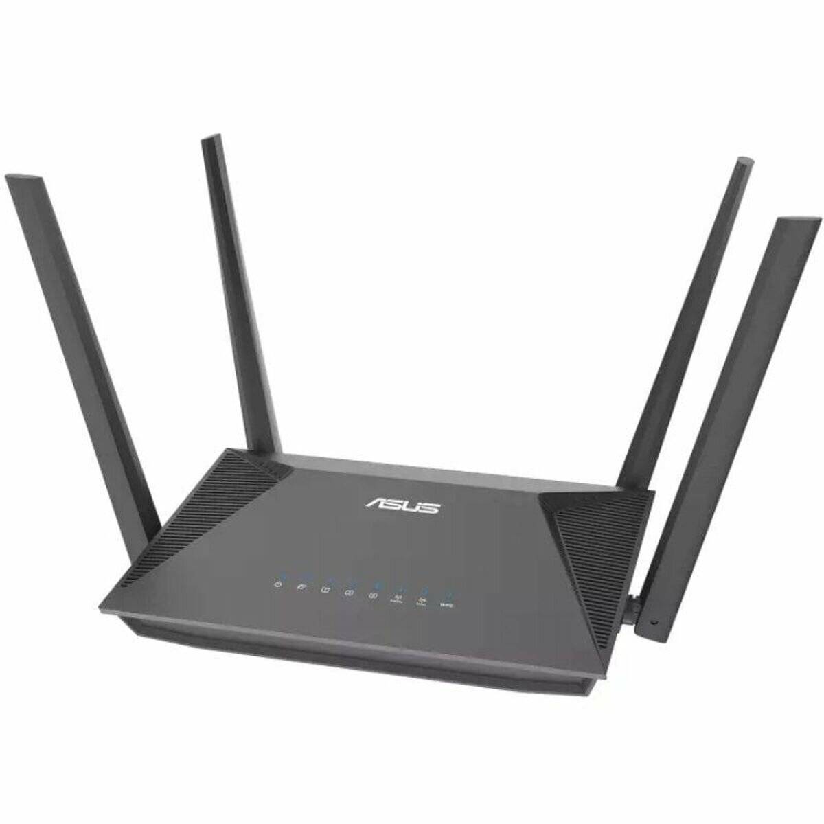 Ein schwarzer drahtloser Router mit vier externen Antennen, versehen mit dem Markenlogo und LED-Indicatorleuchten auf der Frontplatte.