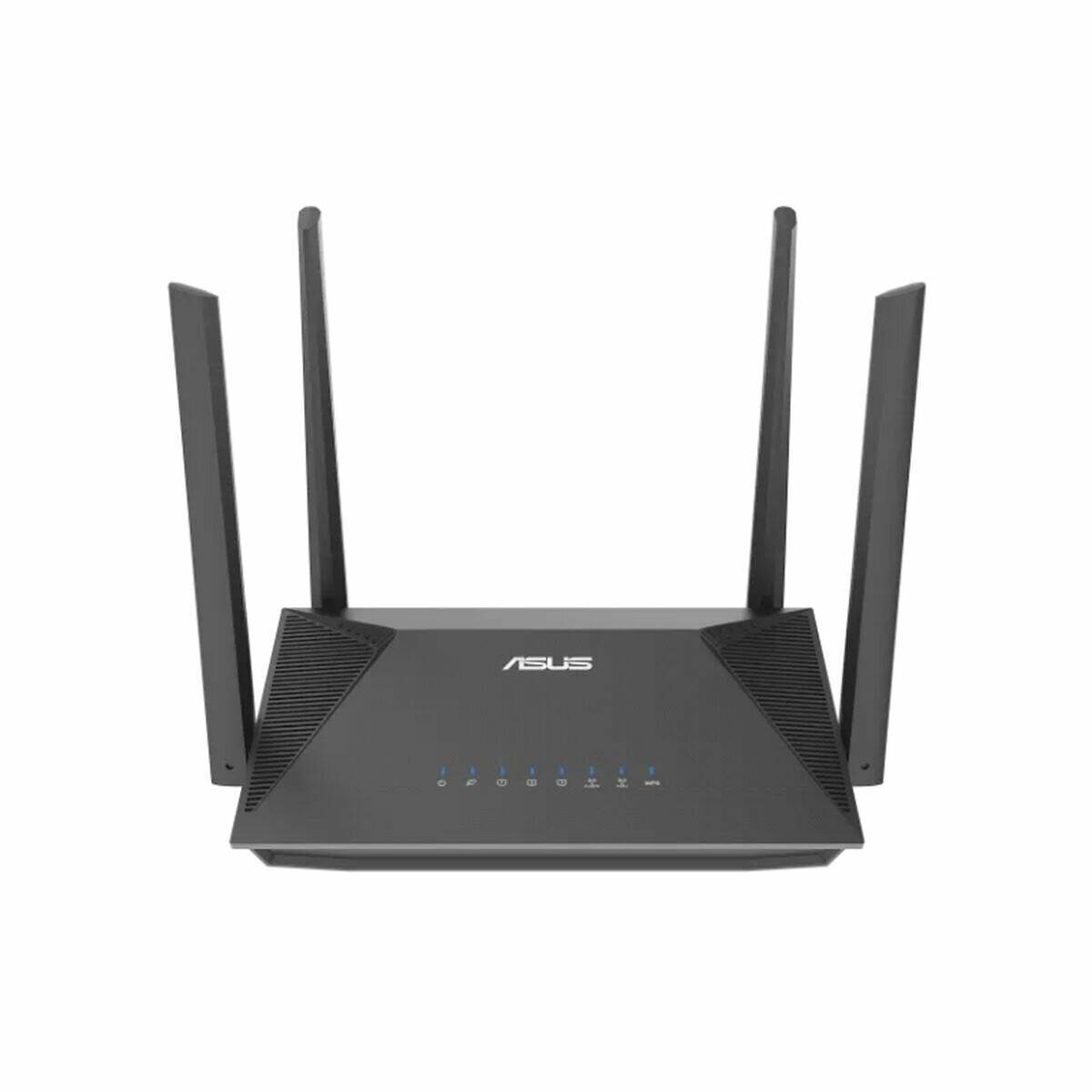 Ein schwarzer ASUS-WLAN-Router mit vier nach außen gerichteten Antennen, positioniert auf weißem Hintergrund. Das Markenlogo ist auf der Vorderseite sichtbar.