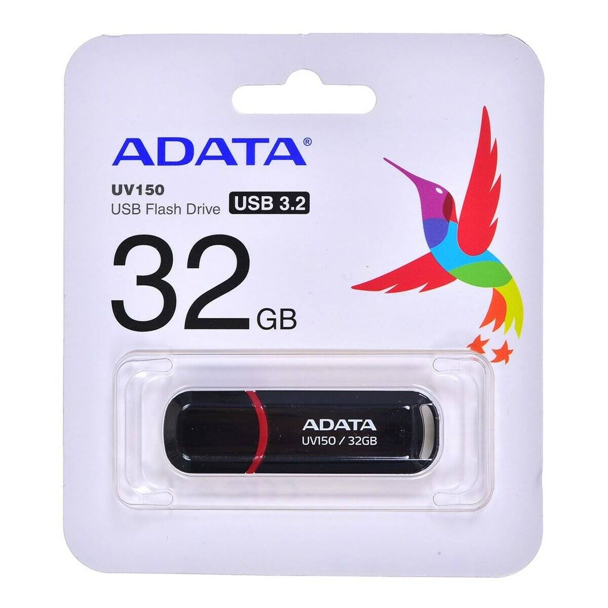 ADATA UV150 32GB USB 3.2 Stick mit Verpackung, die ein farbenfrohes Kolibri-Design trägt.