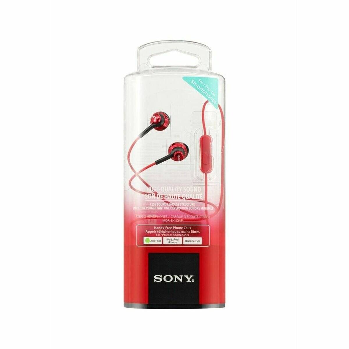 Rote Sony Ohrhörer mit Inline-Mikrofon, in Originalverpackung. Kompatibel mit iPhone, Blackberry. Mit Fokus auf hochwertige Soundqualität und Freisprechfunktion.