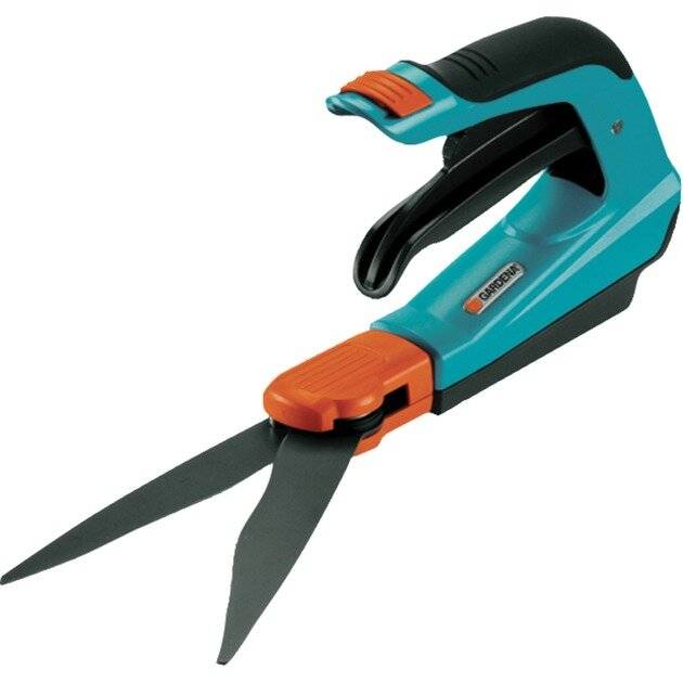 Handgehaltene Gartengras-Schere mit blau-orangefarbener Griffgestaltung, ausgestattet mit einer rotierenden Klinge für präzises Trimmen.