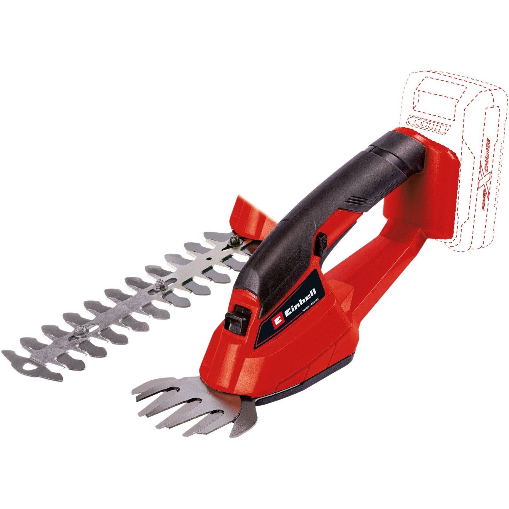 Roter schnurloser Heckenschneider mit schwarzem Griff, scharfen Doppelaktions-Klingen und einem Platz für einen herausnehmbaren Akkupack.