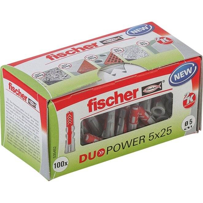 Karton mit Fischer DUOPOWER Dübeln 5x25, mit Bildern geeigneter Oberflächen und 'NEU' Etikett. Enthält 100 Stück.