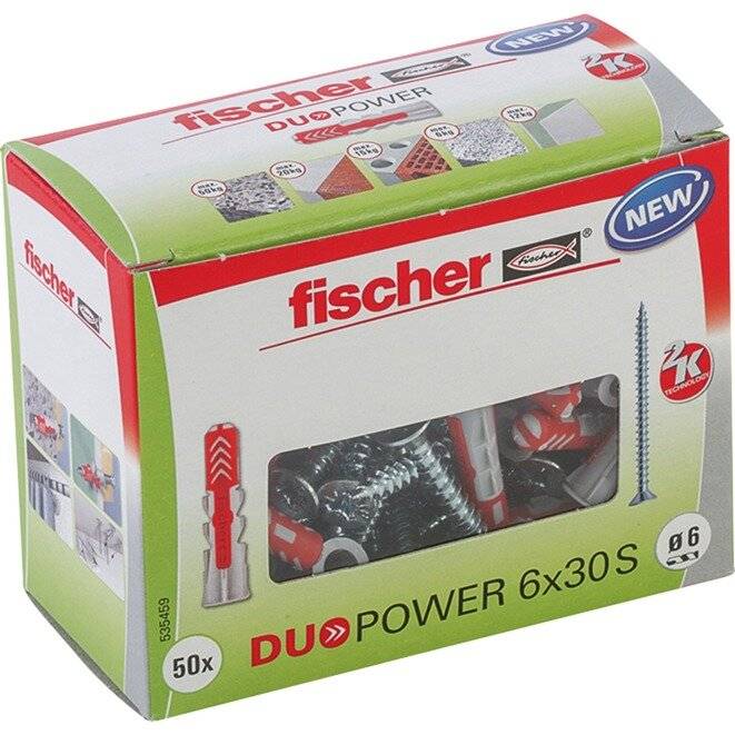 Schachtel von 'fischer DUOPOWER 6x30S' Dübeln und Schrauben mit mehreren Befestigungselementen. Das Etikett hebt 'NEU' hervorhebende Merkmale und Abmessungen hervor.