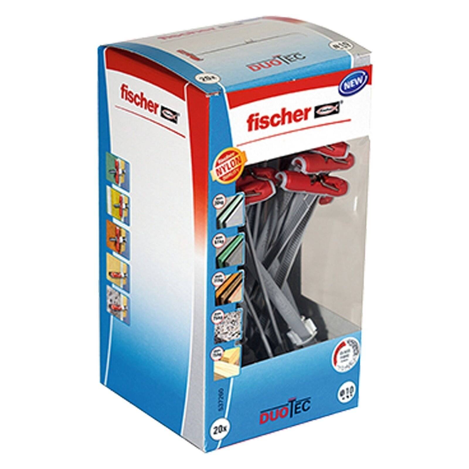 Eine Schachtel mit 'fischer DUOTEC' Dübeln, die Produktmerkmale wie Nylonzusammensetzung und eine Tragfähigkeit von 10 kg in verschiedenen Materialien zeigt.