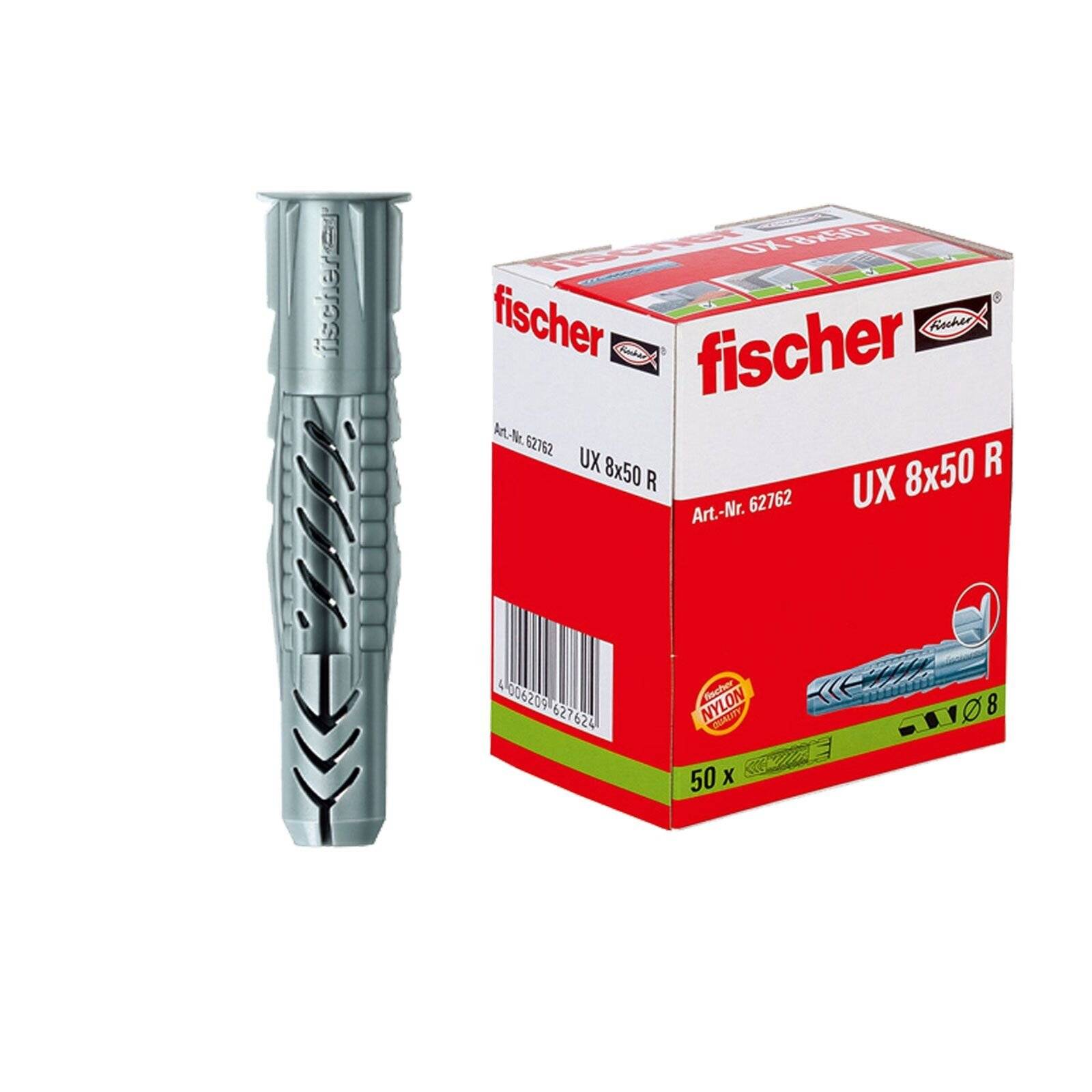 Fischer UX 8x50 R' grauer Kunststoff-Wanddübel neben seiner roten und weißen Verpackungsbox, die Produkt- und Artikelnummern zeigt.