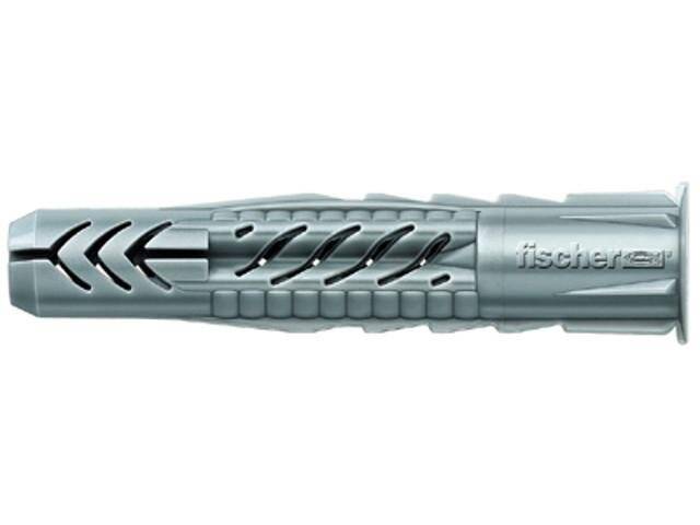 Ein Nahaufnahmebild eines grauen Kunststoff-Wanddübels mit der Markenbezeichnung 'fischer' und einer strukturierten Oberfläche, die für eine sichere Wandbefestigung konzipiert ist.