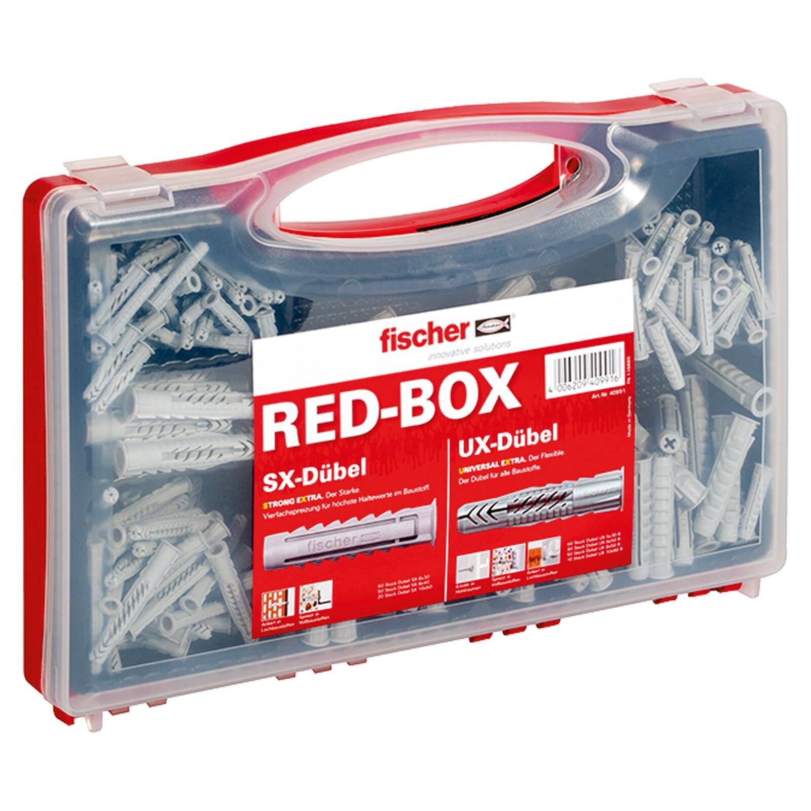 Eine rote und transparente Plastikbox mit der Aufschrift 'Fischer Red-Box', die verschiedene Plastikdübel für Befestigungen enthält, einschließlich SX- und UX-Typen.