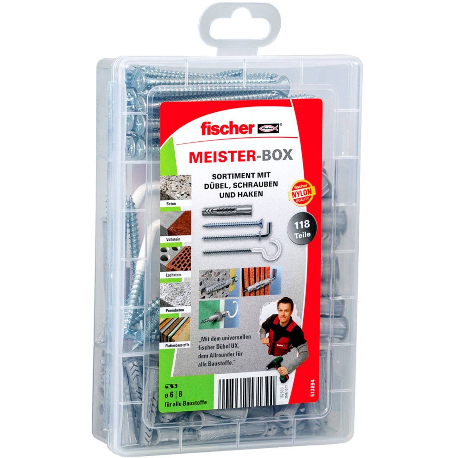 Kunststoffkasten mit der Beschriftung 'MEISTER-BOX' enthält eine Vielfalt an Dübeln, Schrauben und Haken. Er fasst 118 Teile für verschiedene Oberflächen.