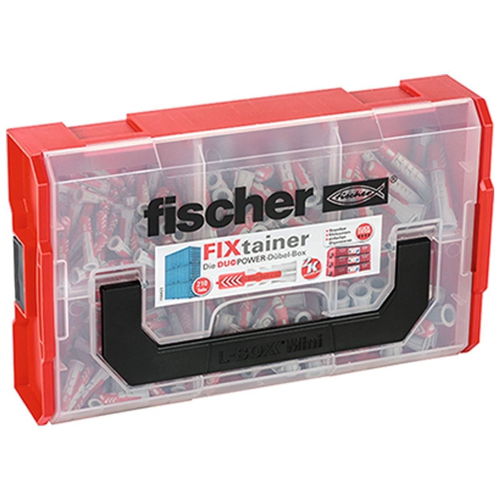 Fischer FIXtainer Schachtel mit verschiedenen Dübeln und Schrauben, mit durchsichtiger Deckelabdeckung, die eine fachlich unterteilte Aufbewahrung zeigt, mit sichtbarem Markenetikett.