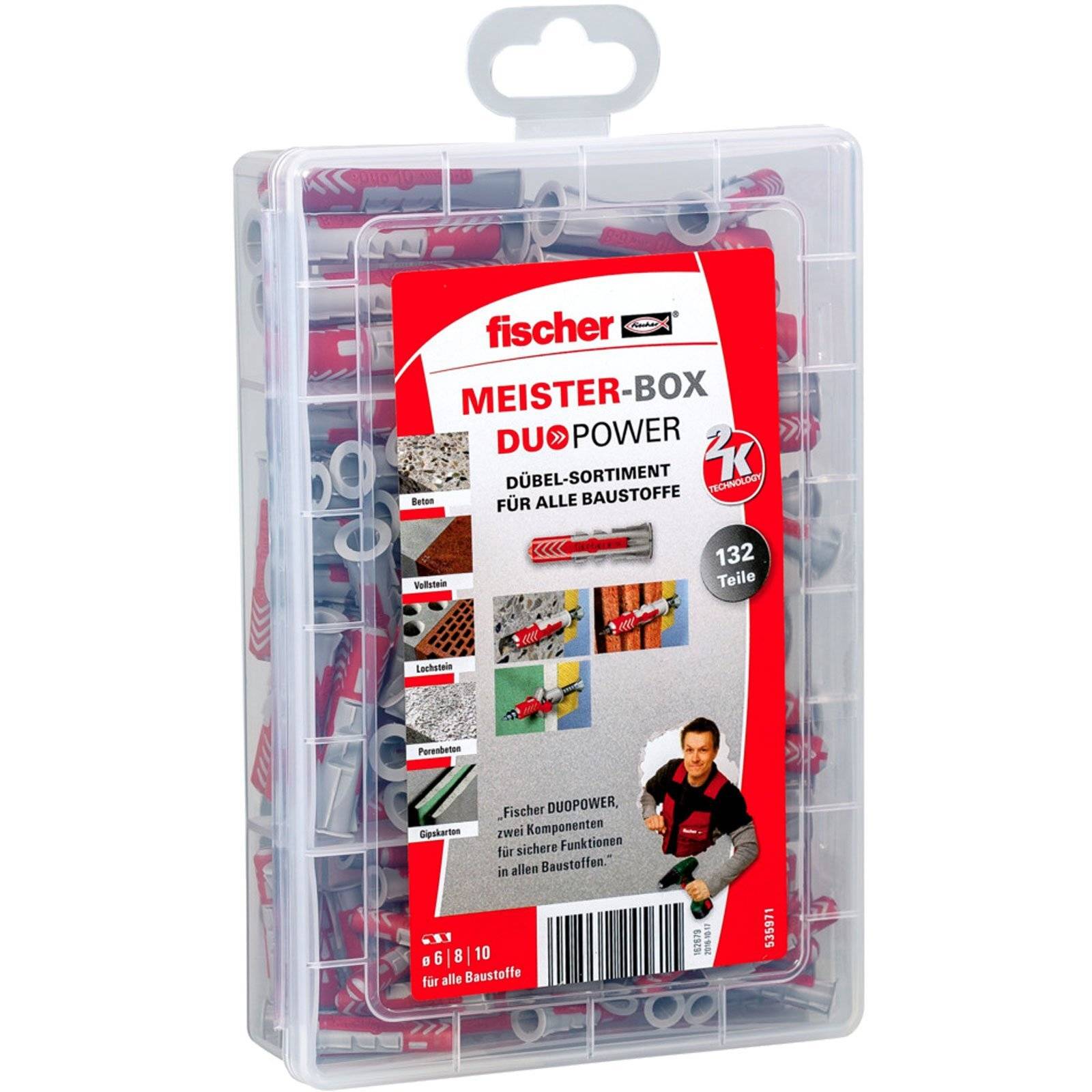 Kunststoffbox mit 'fischer DUOPOWER' Sortiment aus roten und grauen Dübeln und Schrauben für verschiedene Baustoffe, in deutscher Sprache beschriftet.