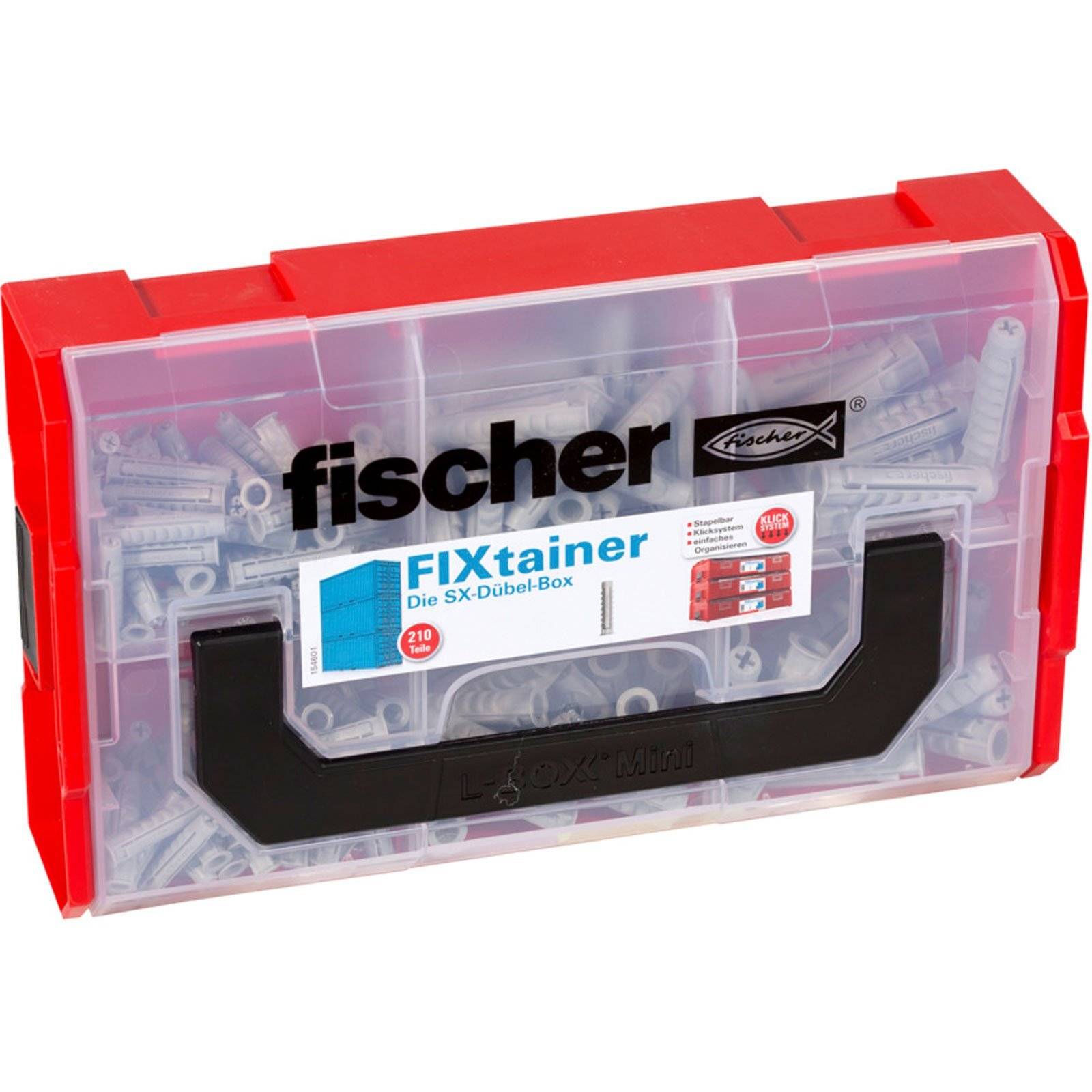 FIXtainer'-Box mit sortierten Dübeln, markiert mit 'fischer'. Enthält 210 SX-Dübel zum Befestigen. Roter Deckel mit transparentem Frontpanel.