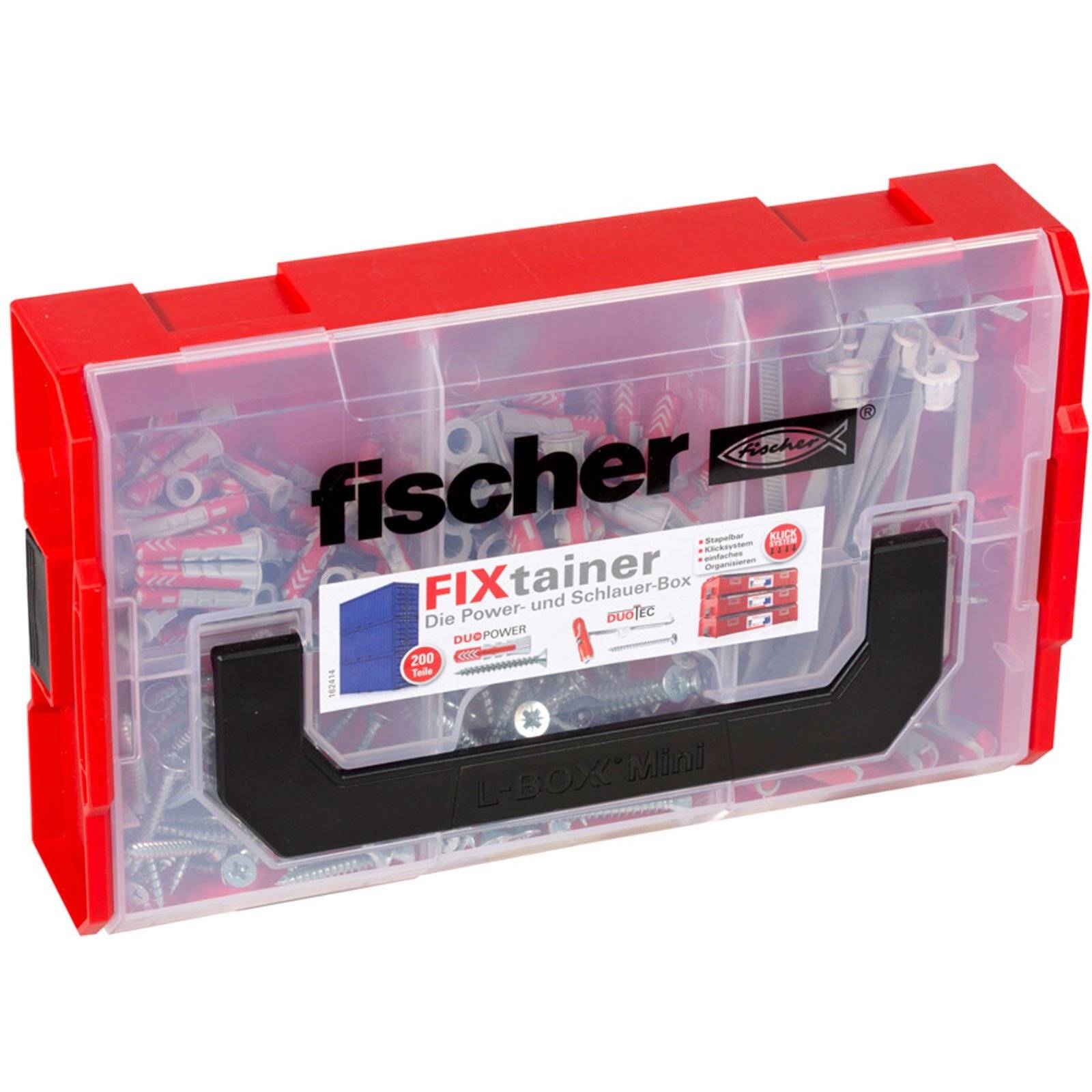 Kunststoffgehäuse mit der Aufschrift 'fischer FIXtainer', das verschiedene Schrauben und Dübel enthält und für einfachen Zugang und Organisation konzipiert ist.