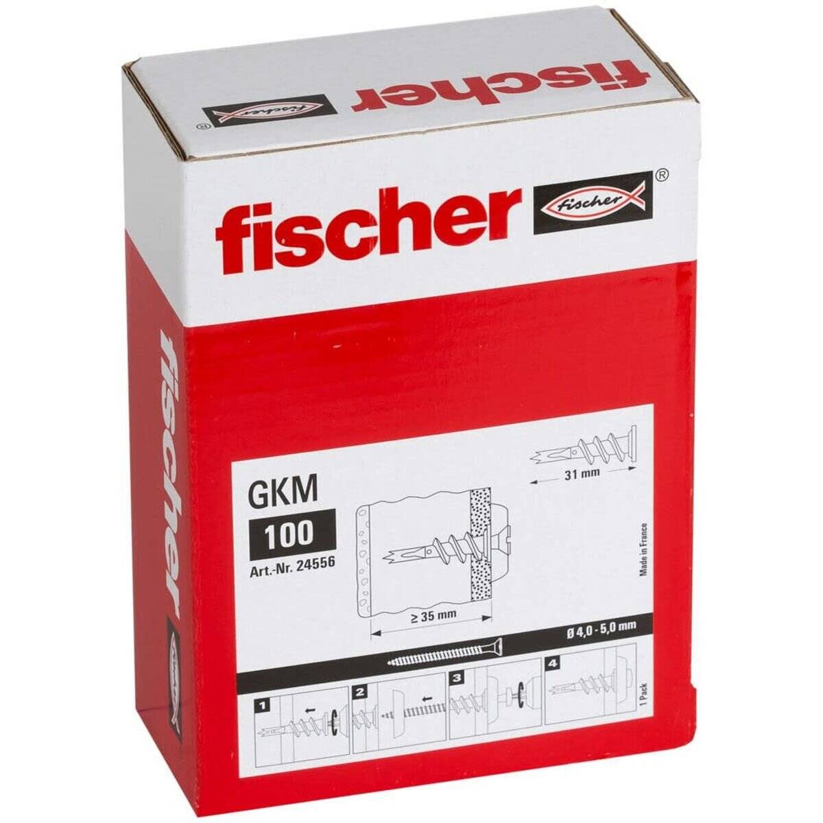 Eine rote und weiße Schachtel mit Fischer Wanddübeln, Modell GKM 100. Die Schachtel zeigt Installationsdiagramme und Abmessungen auf der Vorderseite.
