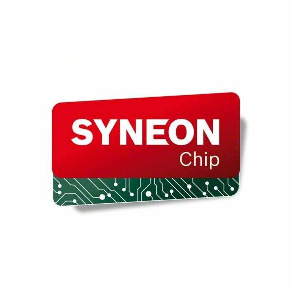 Logo von 'SYNEON Chip' mit rotem Hintergrund und Schaltkreisdesign.