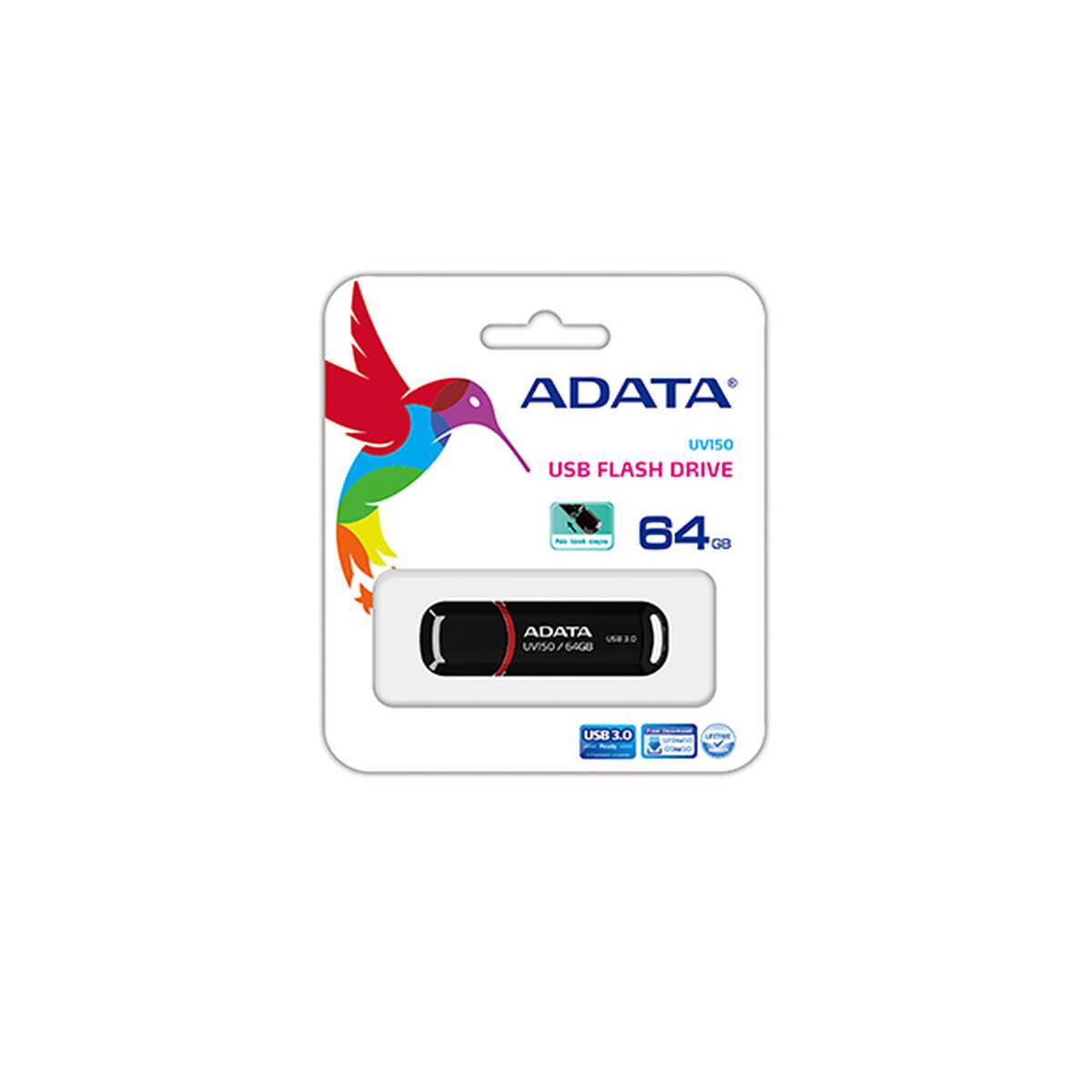 Verpackung eines ADATA UV150 64GB USB 3.0-Laufwerks mit einem bunten Kolibri-Design in der oberen linken Ecke.