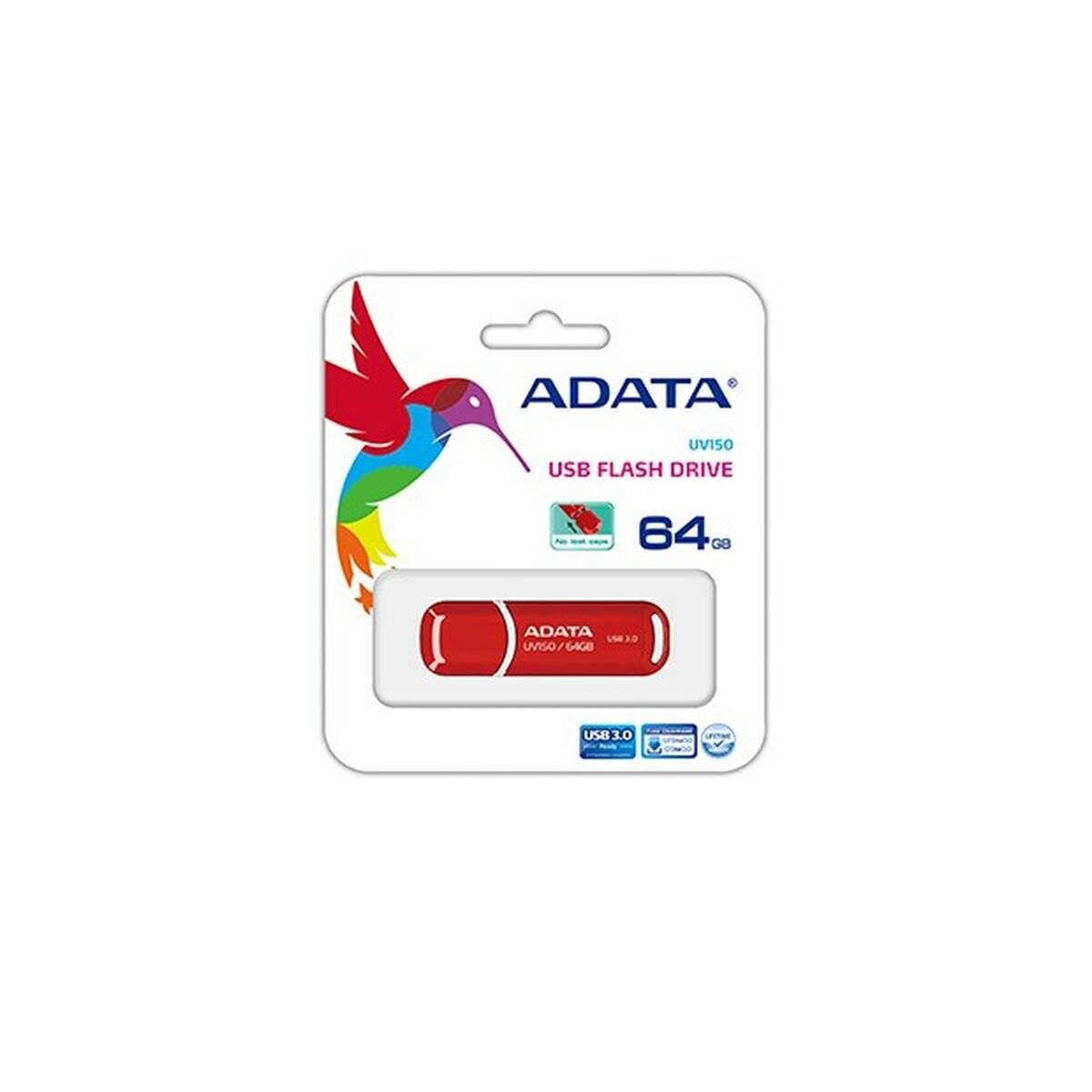 Ein farbenfrohes Kolibri-Design auf der Verpackung eines ADATA UV150 USB 3.0-Speichersticks mit 64 GB Kapazität in roter Farbe.