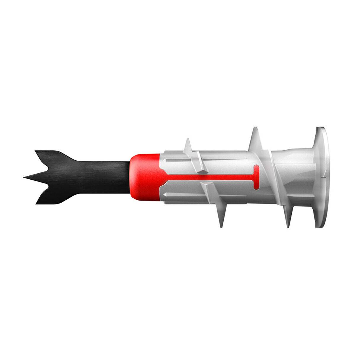 Ein Metalldübel mit einem roten Streifen und charakteristischen Schlitzen, der zum Befestigen von Gegenständen an Gipskartonwänden oder hohlen Oberflächen entwickelt wurde.
