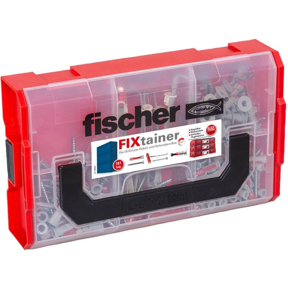 Kunststoff-Aufbewahrungsbox mit der Bezeichnung 'fischer FIXtainer', die verschiedene Schrauben, Dübel und einen Bohrer enthält und für DIY-Projekte verwendet wird.