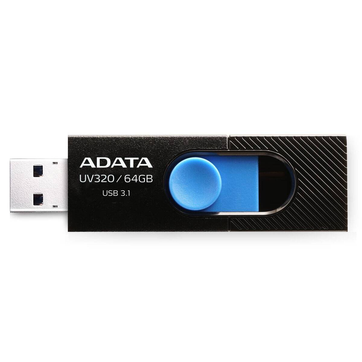 Ein schwarzer ADATA UV320 64GB USB 3.1 Speicherstick mit einer blauen Schiebetaste.
