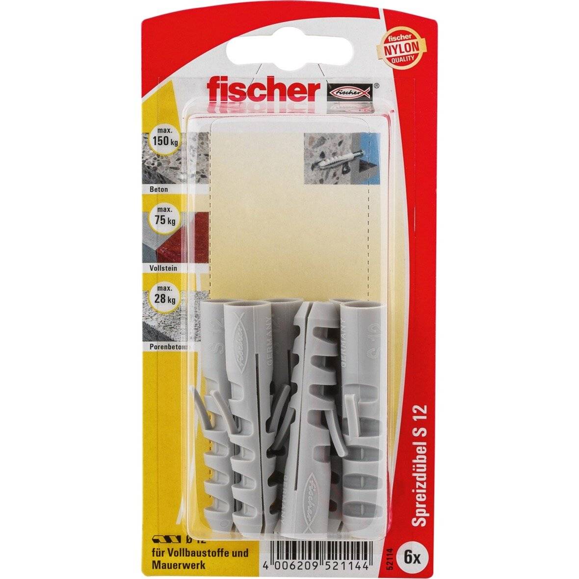 Paket mit sechs grauen Fischer Dübeln, 'S 12', geeignet für Beton und Vollziegel. Maximale Belastung: 150 kg.