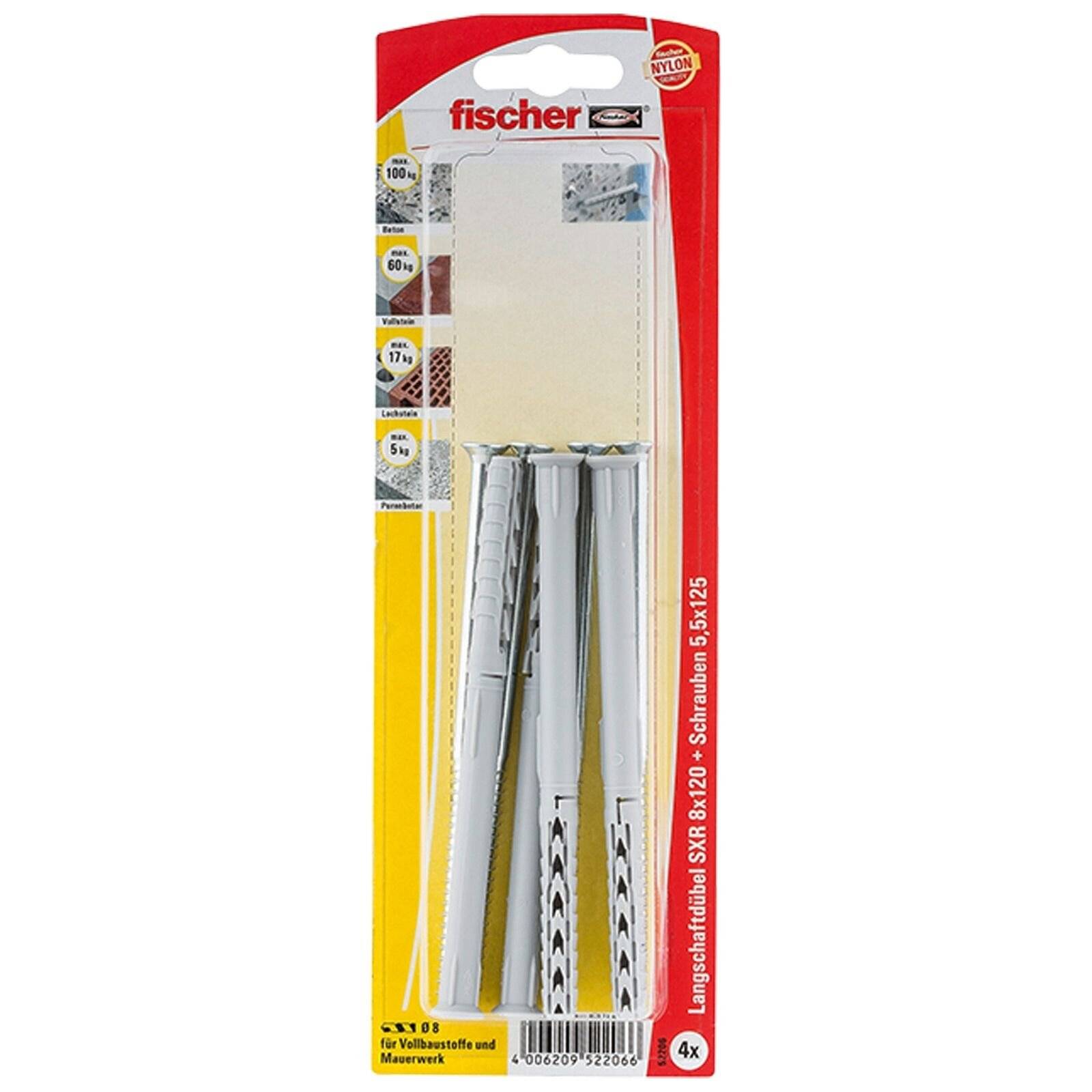 Fischer'-Markenwandstecker-Packung mit vier 5x25 mm Dübeln, geeignet für verschiedene Oberflächen.