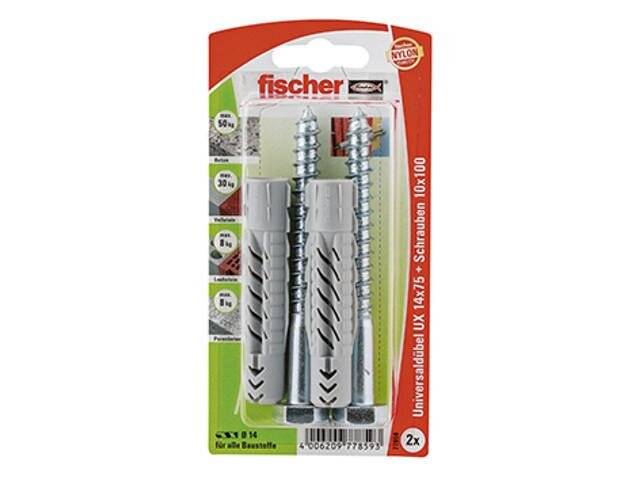 Packung mit Fischer Universaldübeln und Schrauben, Modell UX 14x75/5, geeignet für verschiedene Materialien. Enthält 2 Sets mit Nylondübeln.