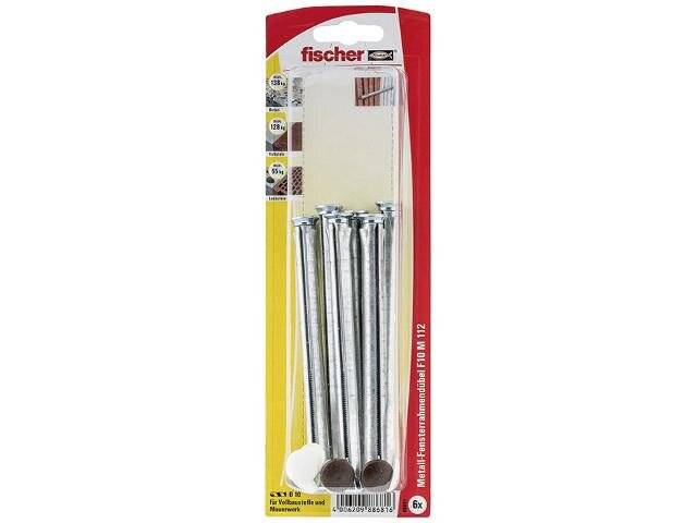 Packung mit sechs langen Metalldübeln der Marke 'Fischer' für sichere Befestigung in Beton und Mauerwerk, präsentiert in transparenter Verpackung mit rot-gelber Etikettierung.