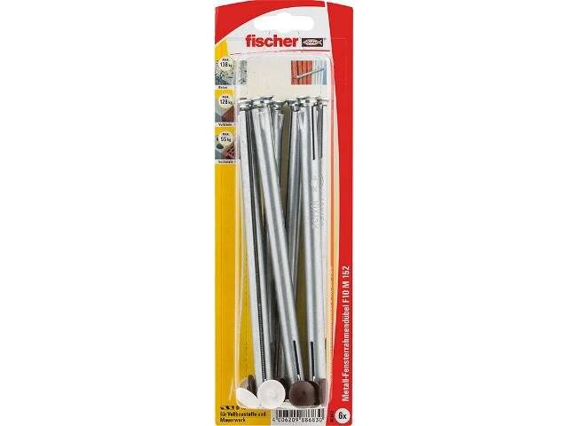 Wandbefestigungsset von 'Fischer' mit sechs Metalldübeln für eine sichere Montage.