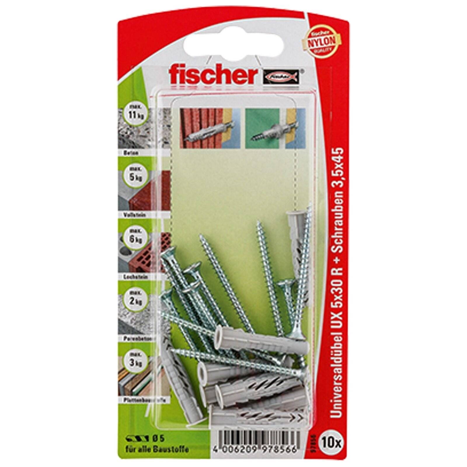 Fischer Universaldübel UX 5x30 R - Verpackung mit Schrauben und Dübeln, präsentiert auf einer roten und transparenten Blisterverpackung, mit deutscher Beschriftung.