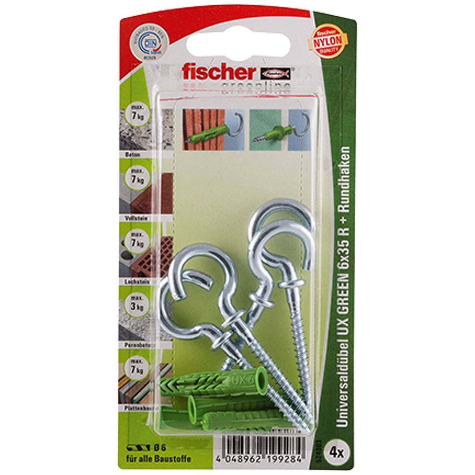 Packung mit Fischer-Schrauben und Dübeln, 6x35mm, geeignet für verschiedene Materialien, enthält zwei Metallhaken und grüne Kunststoffanker.