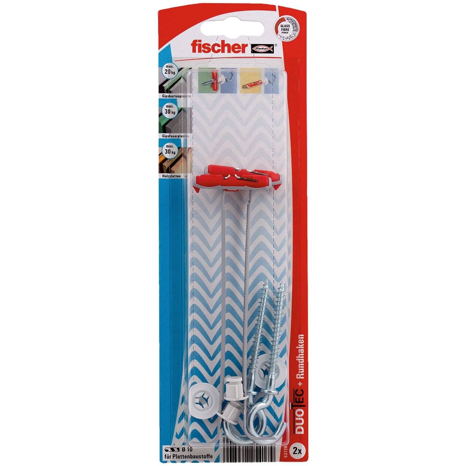 Fischer DUOTEC Dübel in Einzelhandelsverpackung mit zwei Dübeln abgebildet. Geeignet für Trockenbau, inklusive Anleitung und Zubehör.