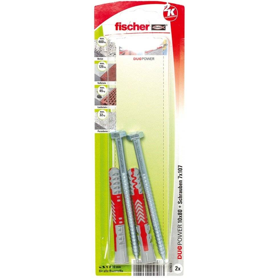 Fischer DuoPower 180 S Dübel mit Schrauben in Verpackung, entwickelt für starke und sichere Befestigung in verschiedenen Materialien.