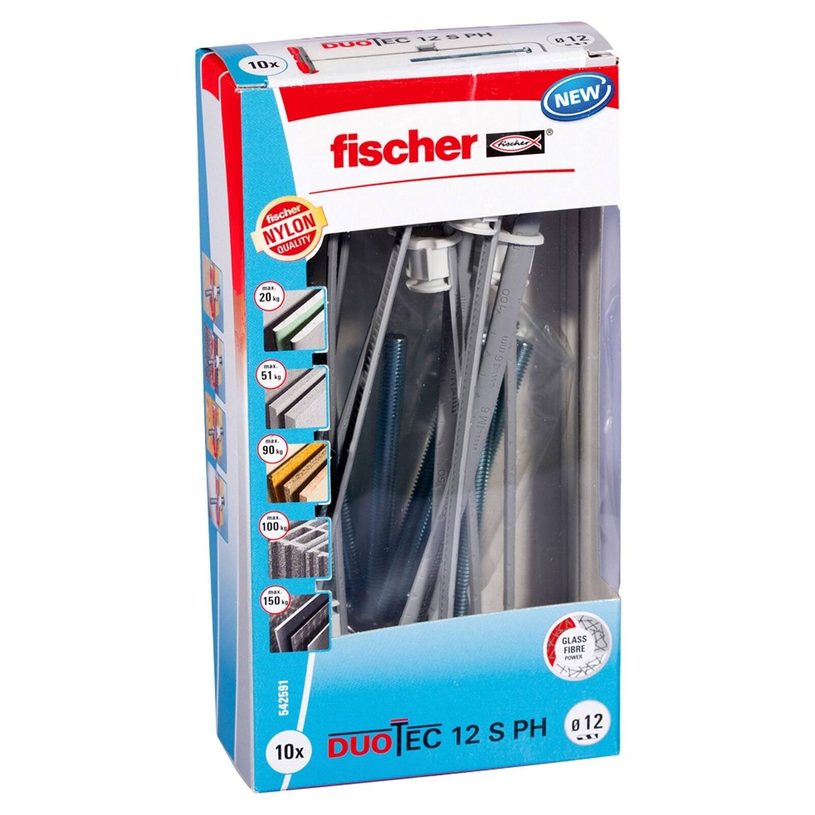 Fischer Duotec 12 S PH' Dübel-Set in Verpackung, mit Nylon-Dübeln und Schrauben, die durch ein transparentes Fenster sichtbar sind. Für verschiedene Oberflächen geeignet.