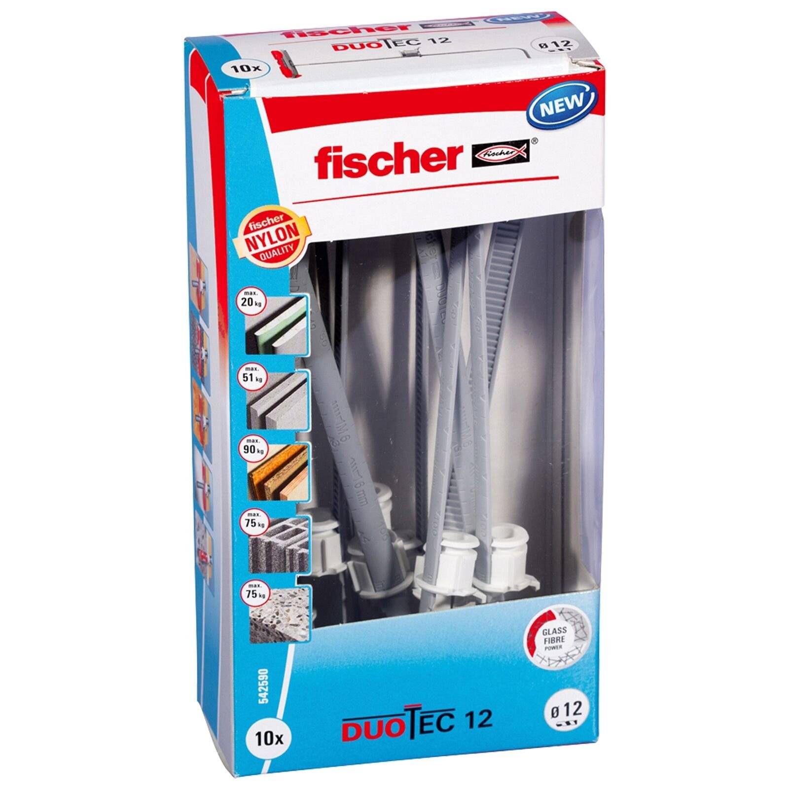 Die Abbildung zeigt eine Verpackung mit Fischer DuoTec 12 Schraubenset. Sie hebt Eigenschaften wie die Nylonqualität, Tragfähigkeiten für verschiedene Materialien hervor und enthält 10 Schrauben.