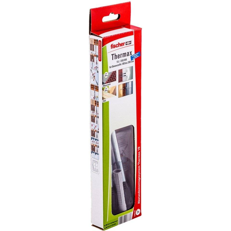 Verpackung von 'Fischer Thermax 10', die ein isolierendes Befestigungssystem zeigt.